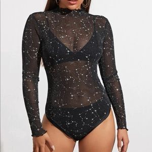 Shein Mesh black and silver star bodysuit